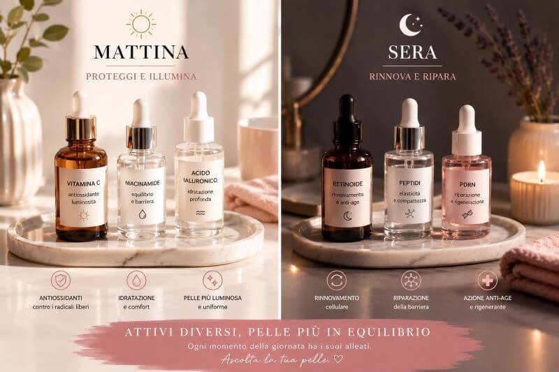 quali attivi skincare usare mattino e sera